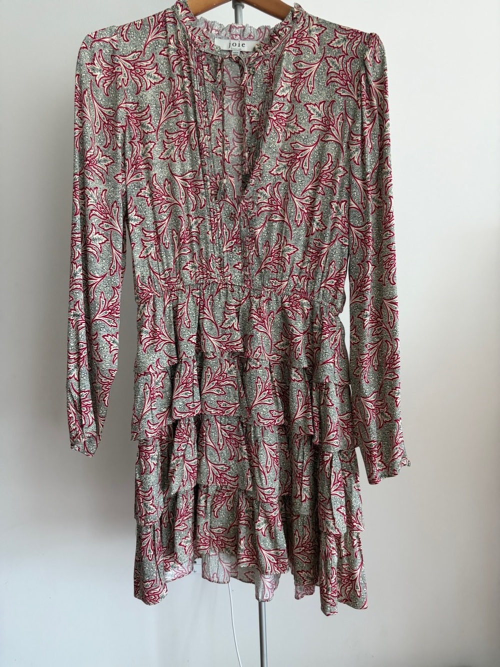 Joie Green and Pink Floral Tiered Long-Sleeve Dress